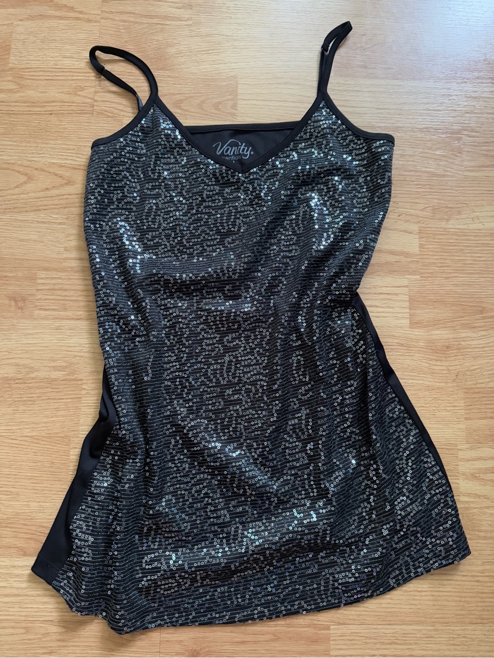 VTG Vanity Essentials Black Sequin Cami Tank Top Y2K Party Clubwear L